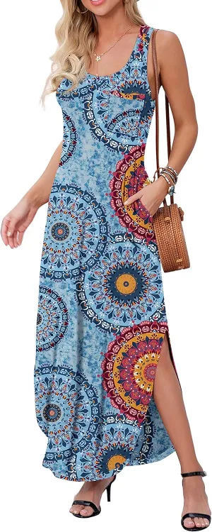 GRECERELLE Women's Sleeveless Summer Long Slit Casual Solid Floral Print Maxi Dress with Pocket