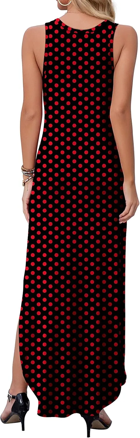 GRECERELLE Women's Sleeveless Summer Long Slit Casual Solid Floral Print Maxi Dress with Pocket