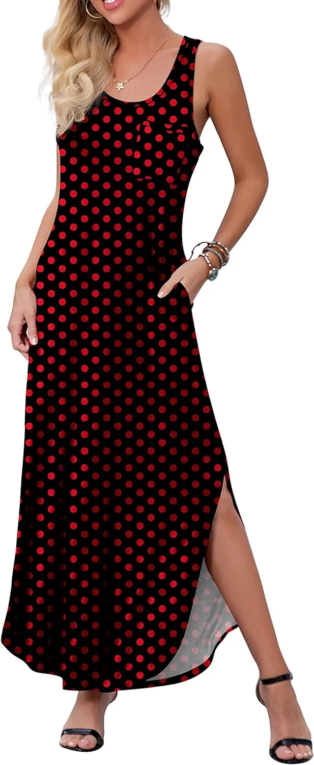 GRECERELLE Women's Sleeveless Summer Long Slit Casual Solid Floral Print Maxi Dress with Pocket