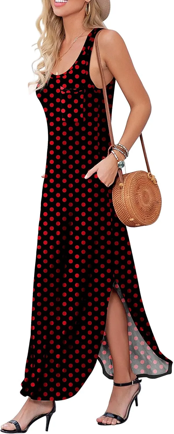 GRECERELLE Women's Sleeveless Summer Long Slit Casual Solid Floral Print Maxi Dress with Pocket