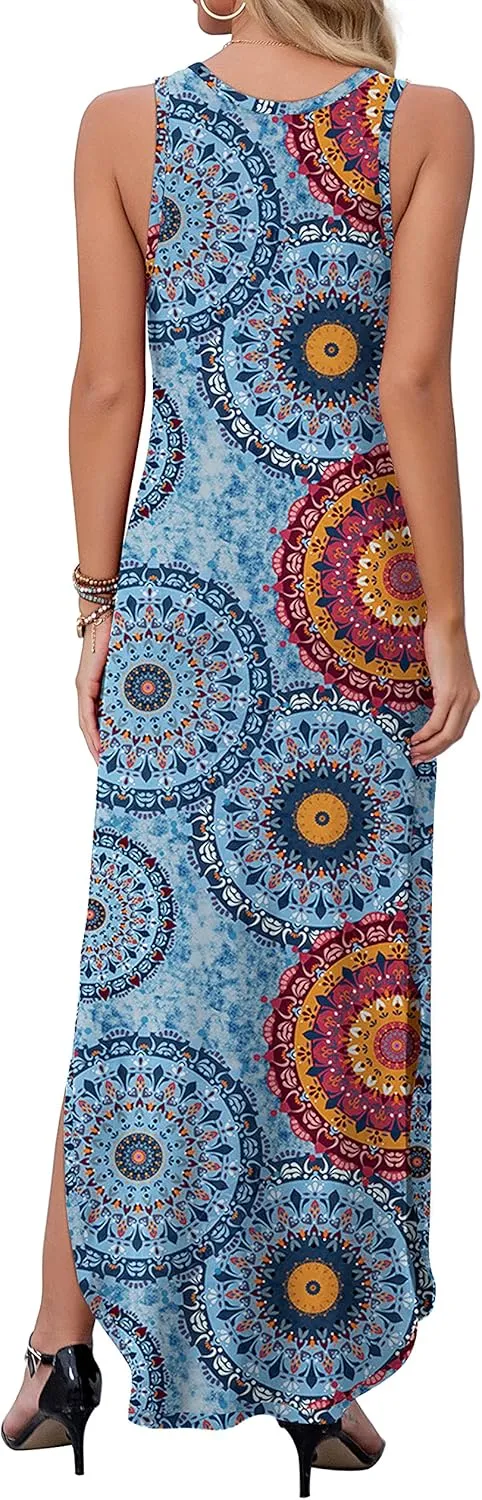GRECERELLE Women's Sleeveless Summer Long Slit Casual Solid Floral Print Maxi Dress with Pocket