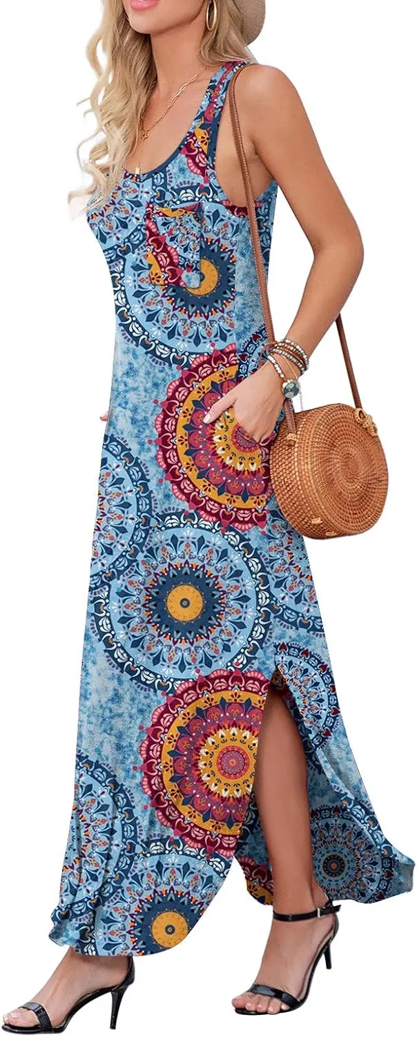 GRECERELLE Women's Sleeveless Summer Long Slit Casual Solid Floral Print Maxi Dress with Pocket