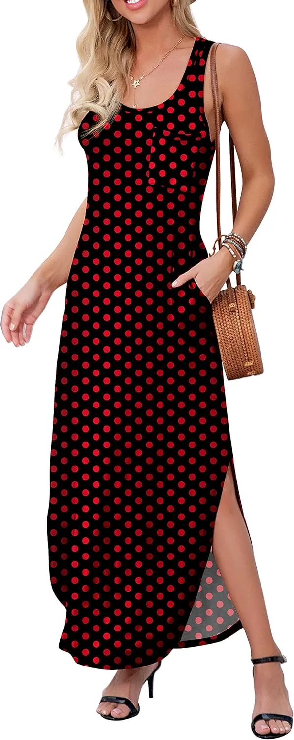 GRECERELLE Women's Sleeveless Summer Long Slit Casual Solid Floral Print Maxi Dress with Pocket