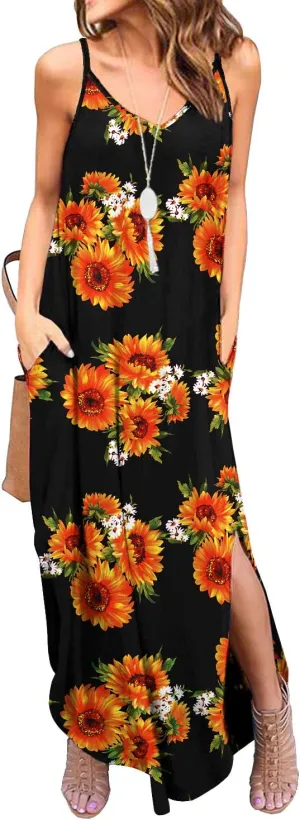 GRECERELLE Women's Summer Casual Loose Dress Beach Cover Up Long Cami Maxi Dresses with Pocket