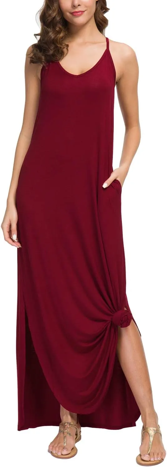 GRECERELLE Women's Summer Casual Loose Dress Beach Cover Up Long Cami Maxi Dresses with Pocket