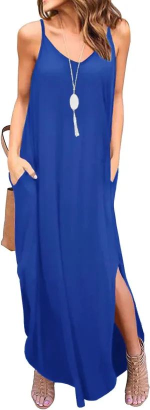 GRECERELLE Women's Summer Casual Loose Dress Beach Cover Up Long Cami Maxi Dresses with Pocket