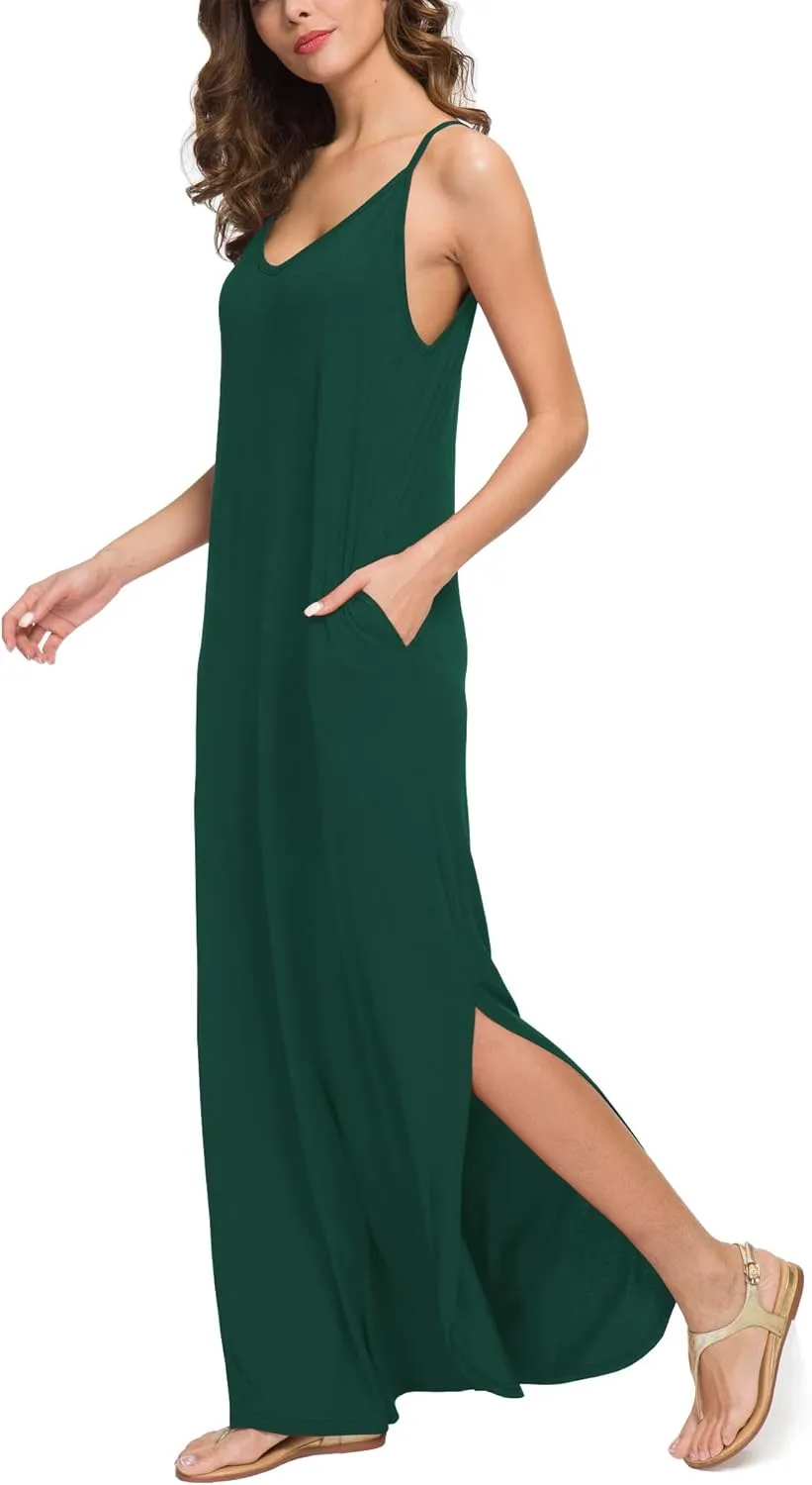 GRECERELLE Women's Summer Casual Loose Dress Beach Cover Up Long Cami Maxi Dresses with Pocket
