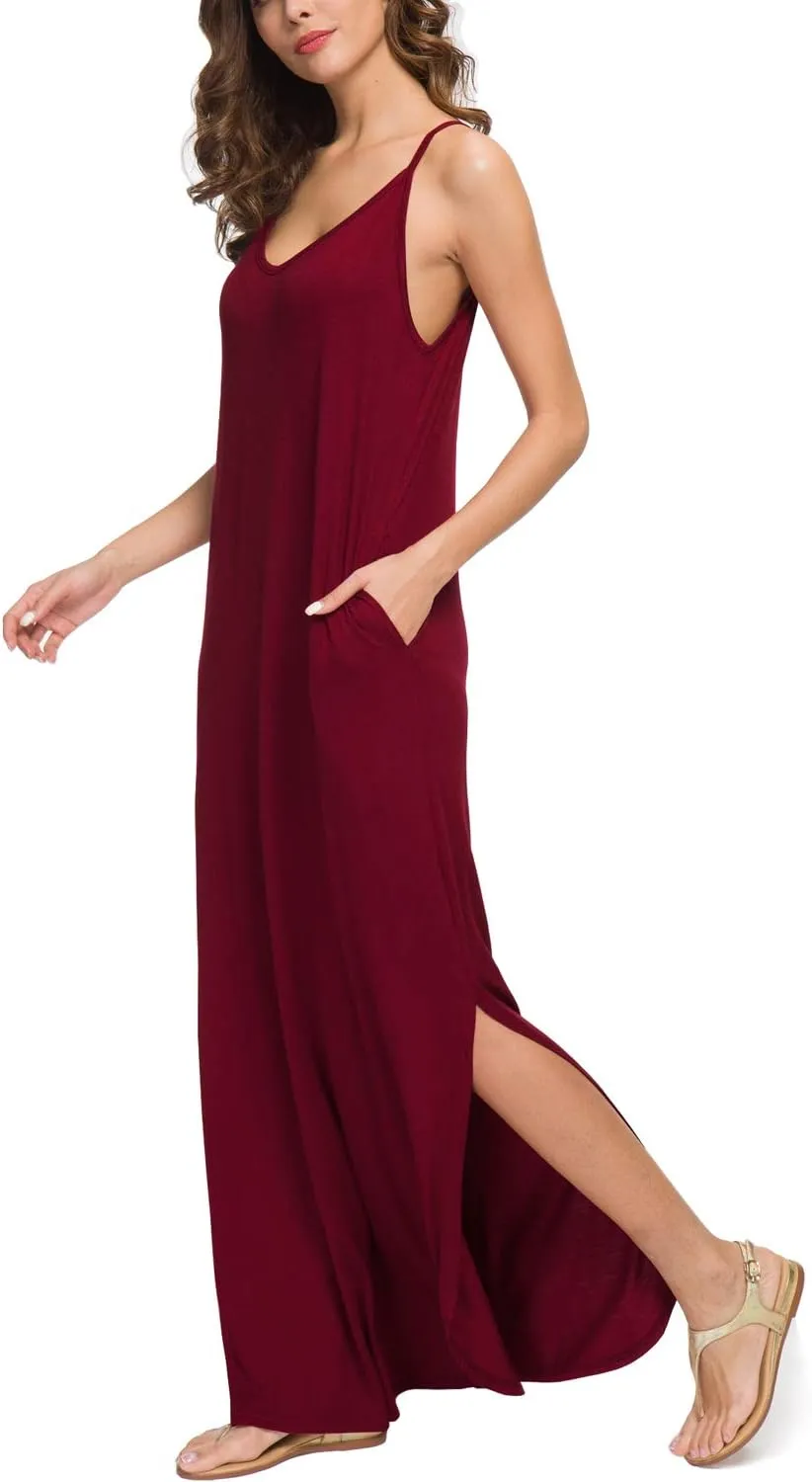 GRECERELLE Women's Summer Casual Loose Dress Beach Cover Up Long Cami Maxi Dresses with Pocket