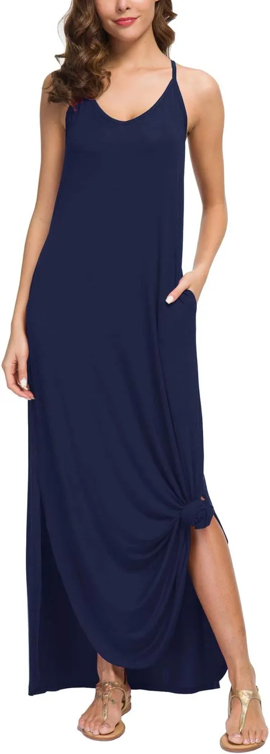 GRECERELLE Women's Summer Casual Loose Dress Beach Cover Up Long Cami Maxi Dresses with Pocket