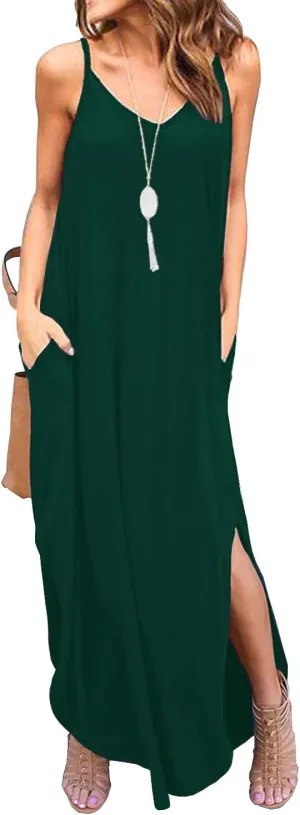 GRECERELLE Women's Summer Casual Loose Dress Beach Cover Up Long Cami Maxi Dresses with Pocket