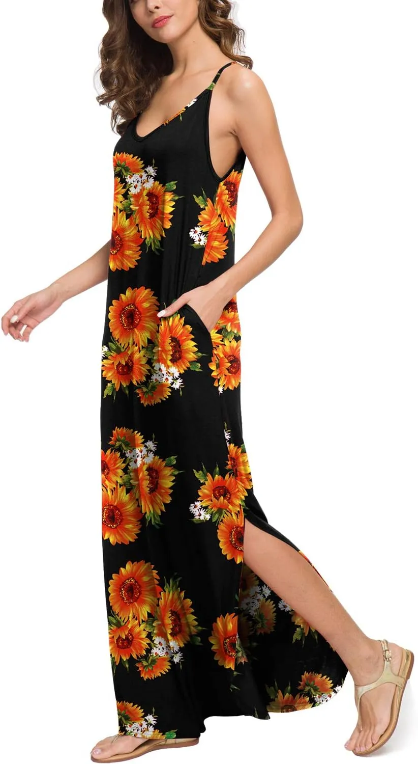 GRECERELLE Women's Summer Casual Loose Dress Beach Cover Up Long Cami Maxi Dresses with Pocket