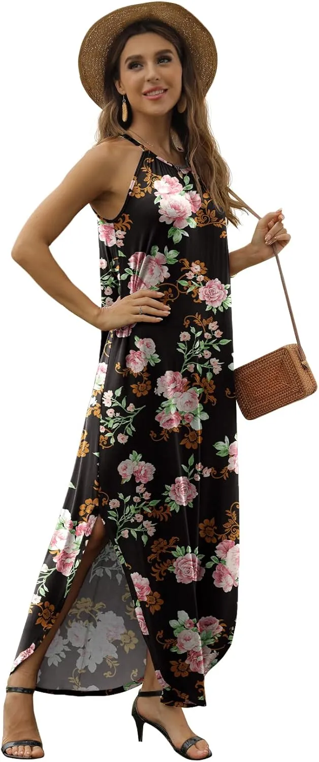 GRECERELLE Women's Summer Casual Loose Sundress Halter/U-Neck Sleeveless Side Slit Long Maxi Dress