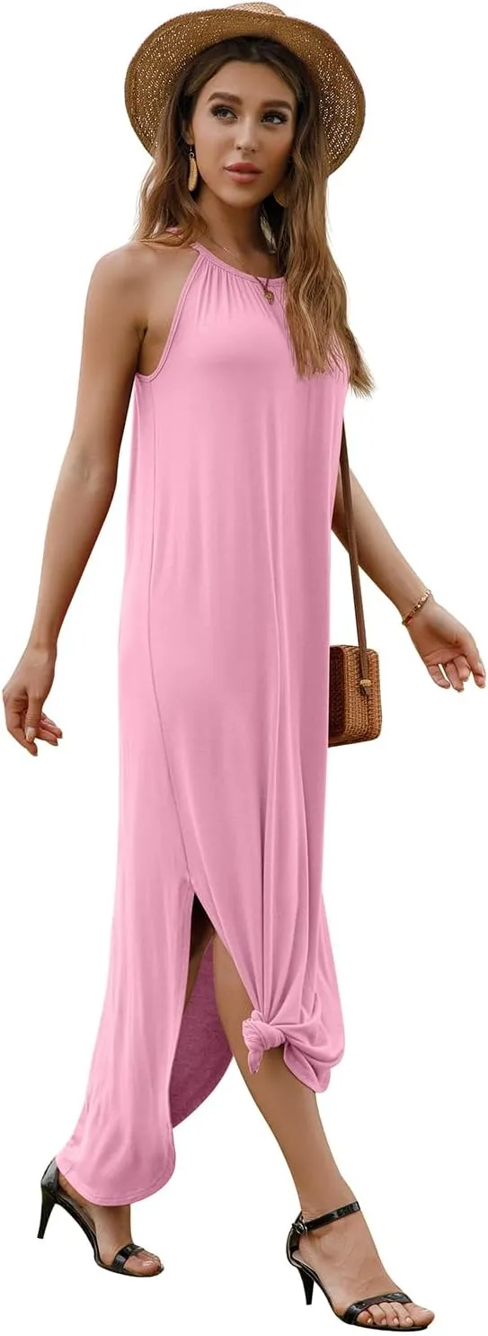 GRECERELLE Women's Summer Casual Loose Sundress Halter/U-Neck Sleeveless Side Slit Long Maxi Dress