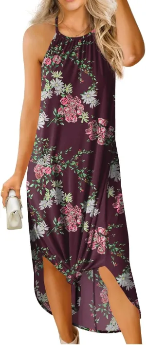 GRECERELLE Women's Summer Casual Loose Sundress Halter/U-Neck Sleeveless Side Slit Long Maxi Dress