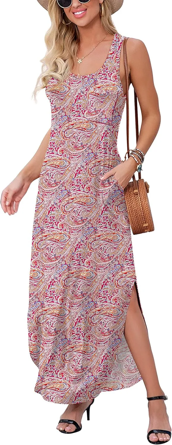 GRECERELLE Women's Summer Casual Loose Sundress Halter/U-Neck Sleeveless Side Slit Long Maxi Dress