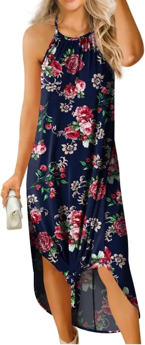 GRECERELLE Women's Summer Casual Loose Sundress Halter/U-Neck Sleeveless Side Slit Long Maxi Dress