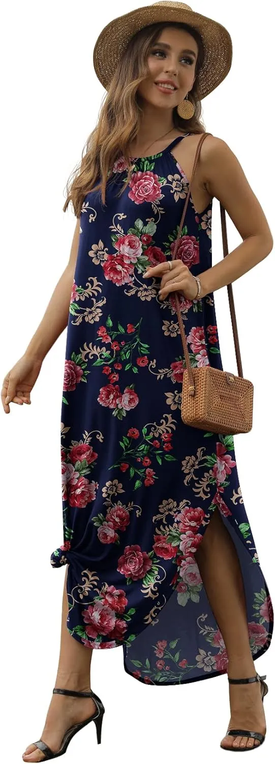 GRECERELLE Women's Summer Casual Loose Sundress Halter/U-Neck Sleeveless Side Slit Long Maxi Dress