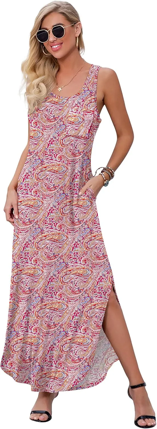 GRECERELLE Women's Summer Casual Loose Sundress Halter/U-Neck Sleeveless Side Slit Long Maxi Dress