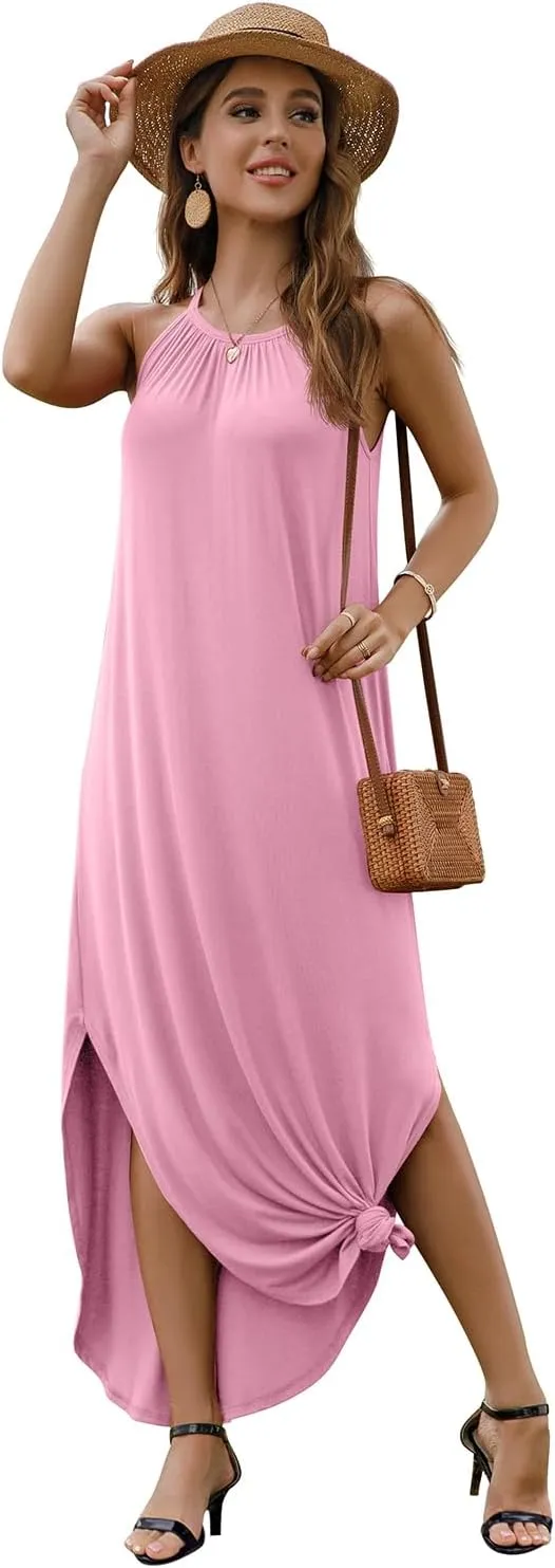 GRECERELLE Women's Summer Casual Loose Sundress Halter/U-Neck Sleeveless Side Slit Long Maxi Dress