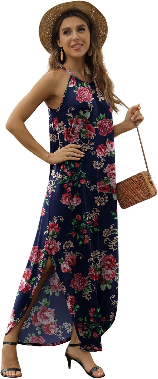 GRECERELLE Women's Summer Casual Loose Sundress Halter/U-Neck Sleeveless Side Slit Long Maxi Dress
