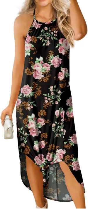 GRECERELLE Women's Summer Casual Loose Sundress Halter/U-Neck Sleeveless Side Slit Long Maxi Dress