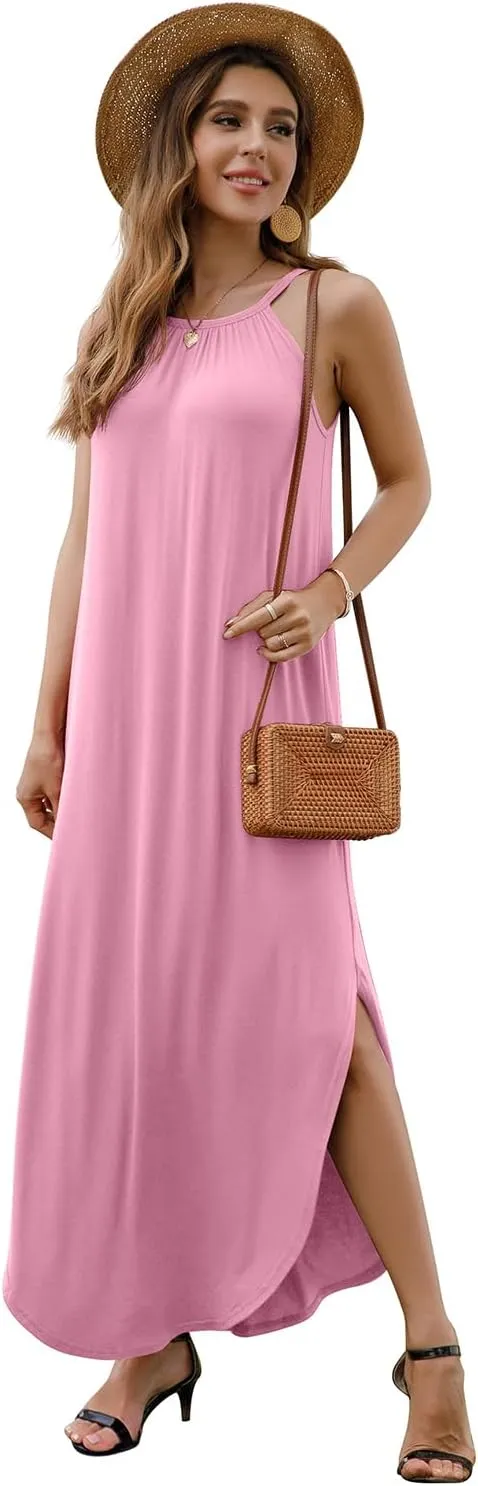 GRECERELLE Women's Summer Casual Loose Sundress Halter/U-Neck Sleeveless Side Slit Long Maxi Dress