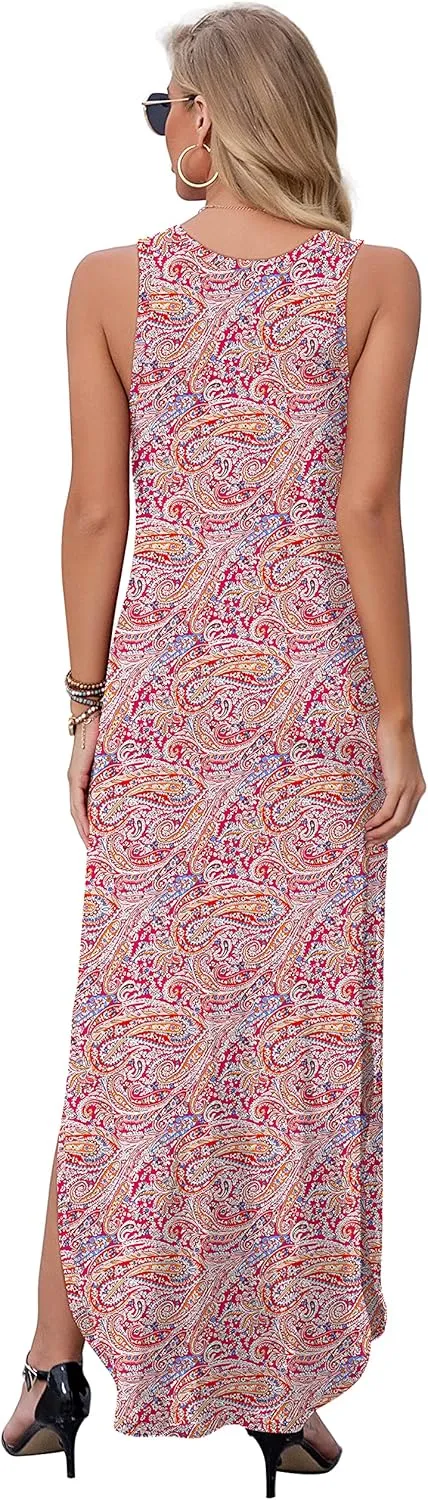 GRECERELLE Women's Summer Casual Loose Sundress Halter/U-Neck Sleeveless Side Slit Long Maxi Dress