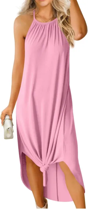 GRECERELLE Women's Summer Casual Loose Sundress Halter/U-Neck Sleeveless Side Slit Long Maxi Dress