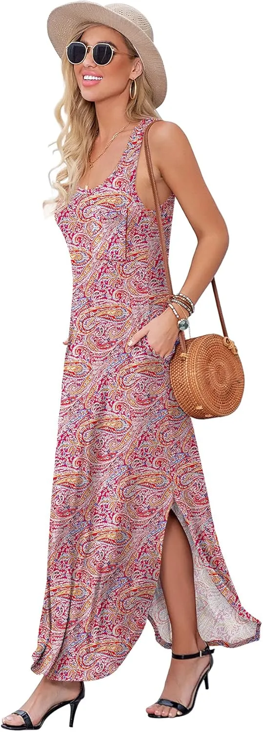 GRECERELLE Women's Summer Casual Loose Sundress Halter/U-Neck Sleeveless Side Slit Long Maxi Dress