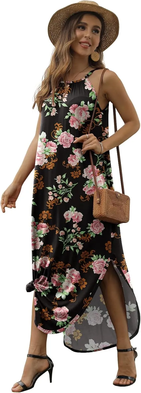 GRECERELLE Women's Summer Casual Loose Sundress Halter/U-Neck Sleeveless Side Slit Long Maxi Dress