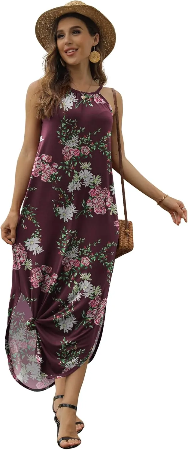 GRECERELLE Women's Summer Casual Loose Sundress Halter/U-Neck Sleeveless Side Slit Long Maxi Dress