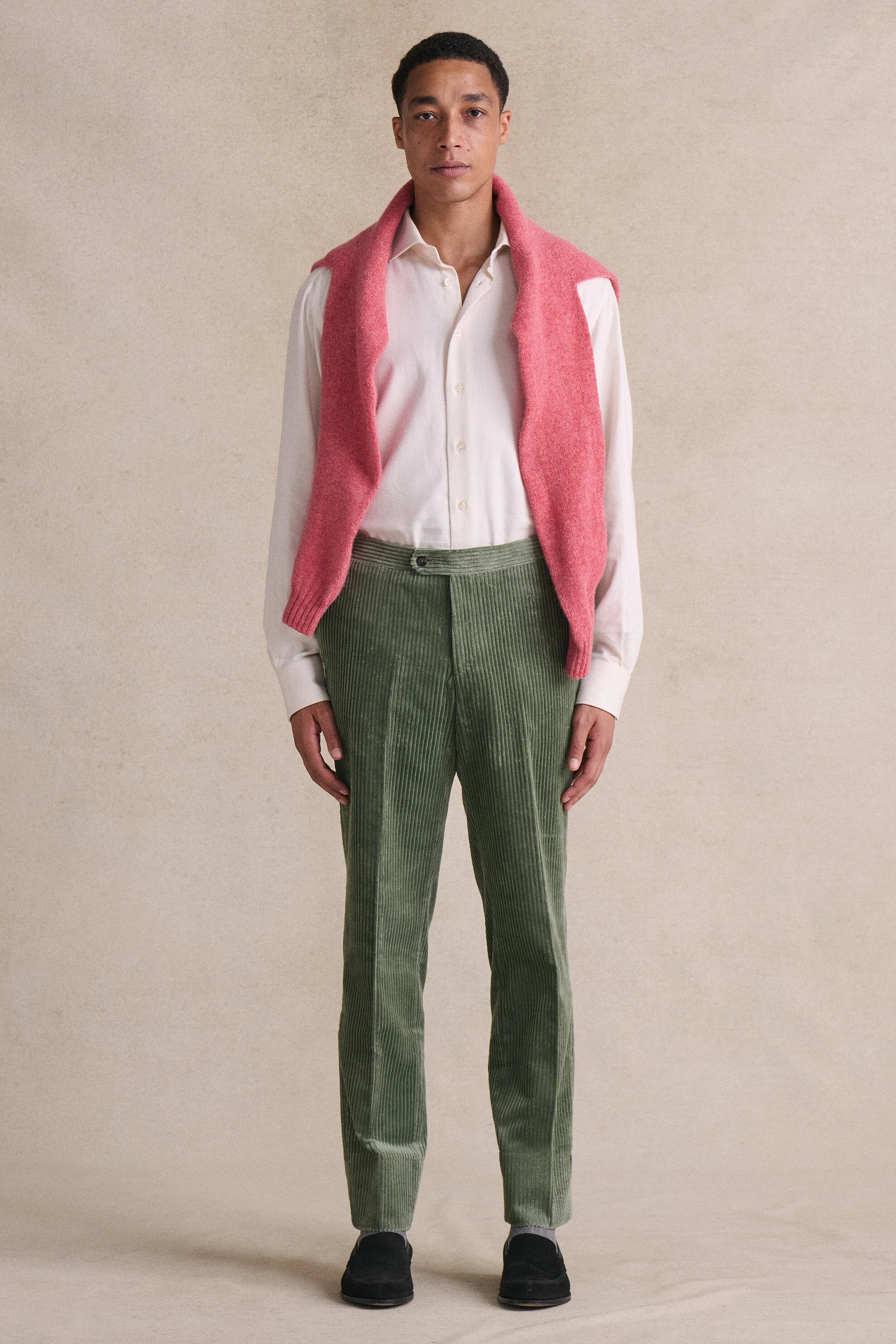 Green Flat Front 5 Wale Corduroy Trousers