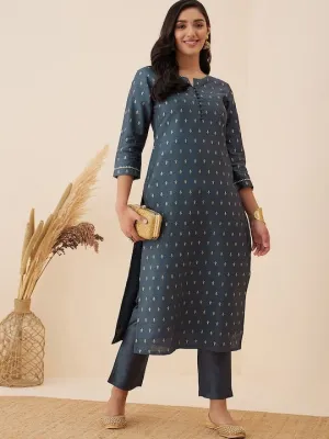 Grey Ethnic Motif Woven Design Straight Kurta with Trousers