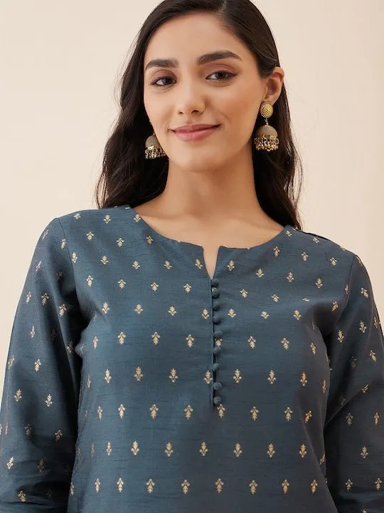 Grey Ethnic Motif Woven Design Straight Kurta with Trousers
