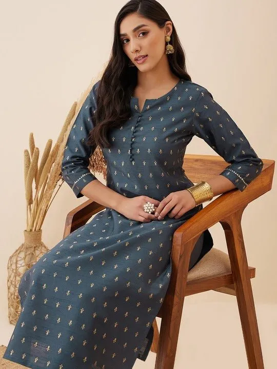 Grey Ethnic Motif Woven Design Straight Kurta with Trousers