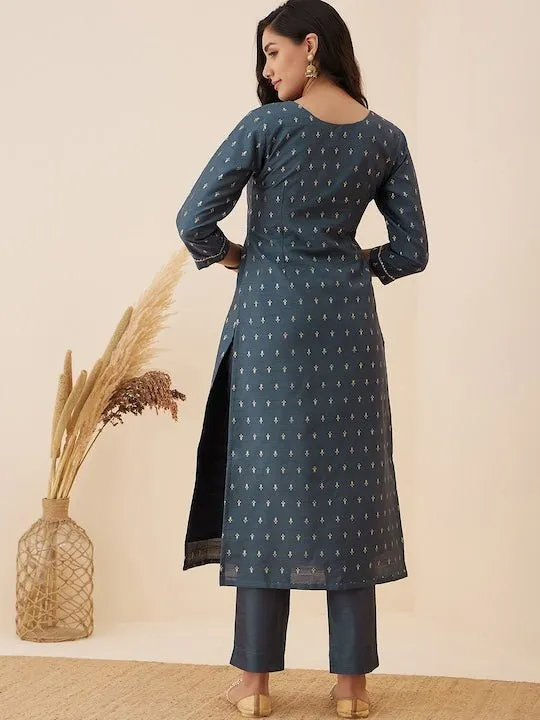 Grey Ethnic Motif Woven Design Straight Kurta with Trousers