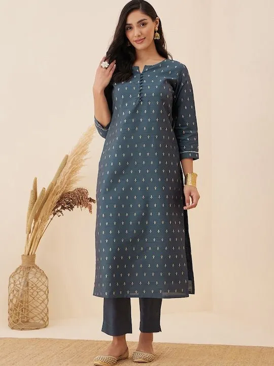 Grey Ethnic Motif Woven Design Straight Kurta with Trousers