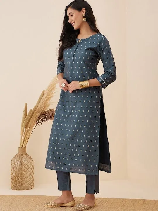 Grey Ethnic Motif Woven Design Straight Kurta with Trousers