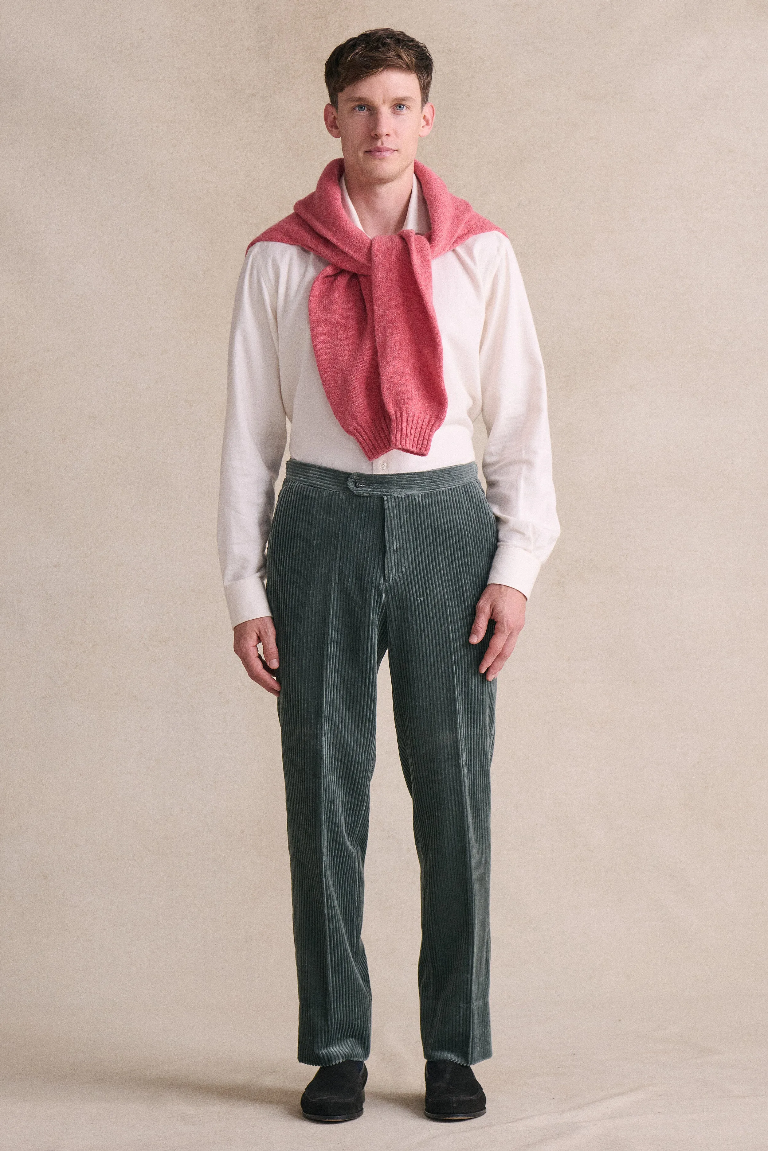 Grey Flat Front 5 Wale Corduroy Trousers