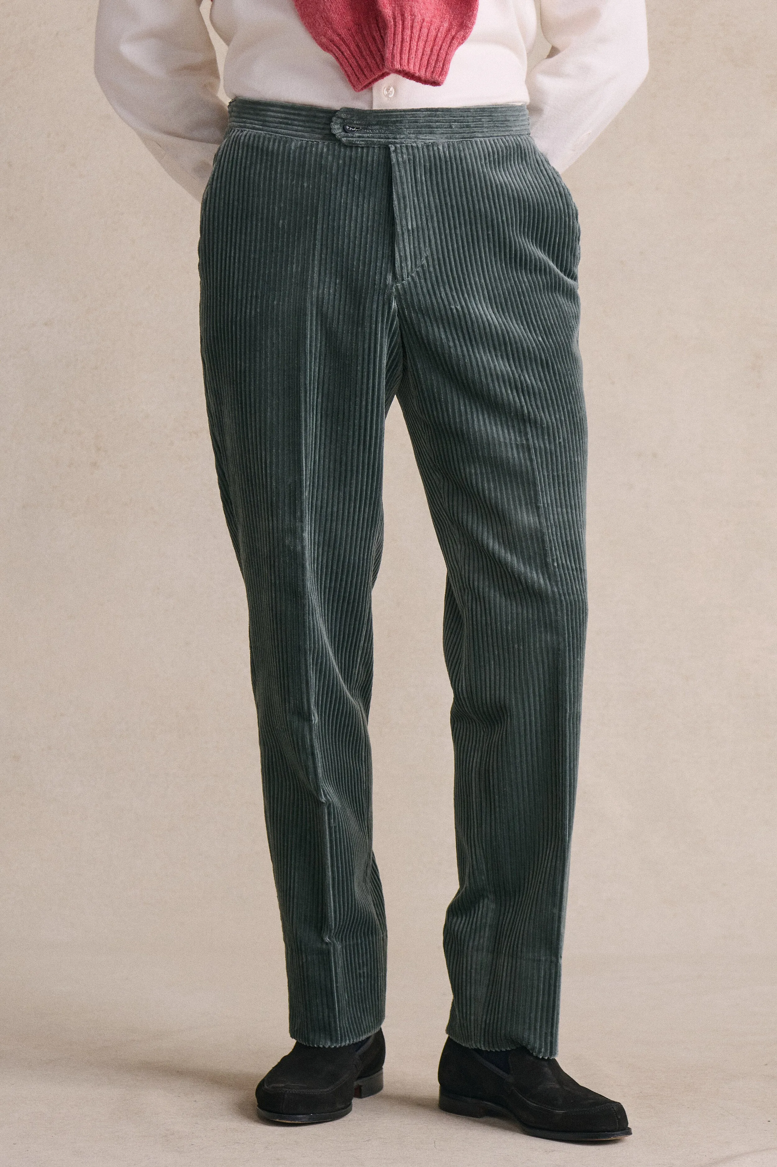 Grey Flat Front 5 Wale Corduroy Trousers