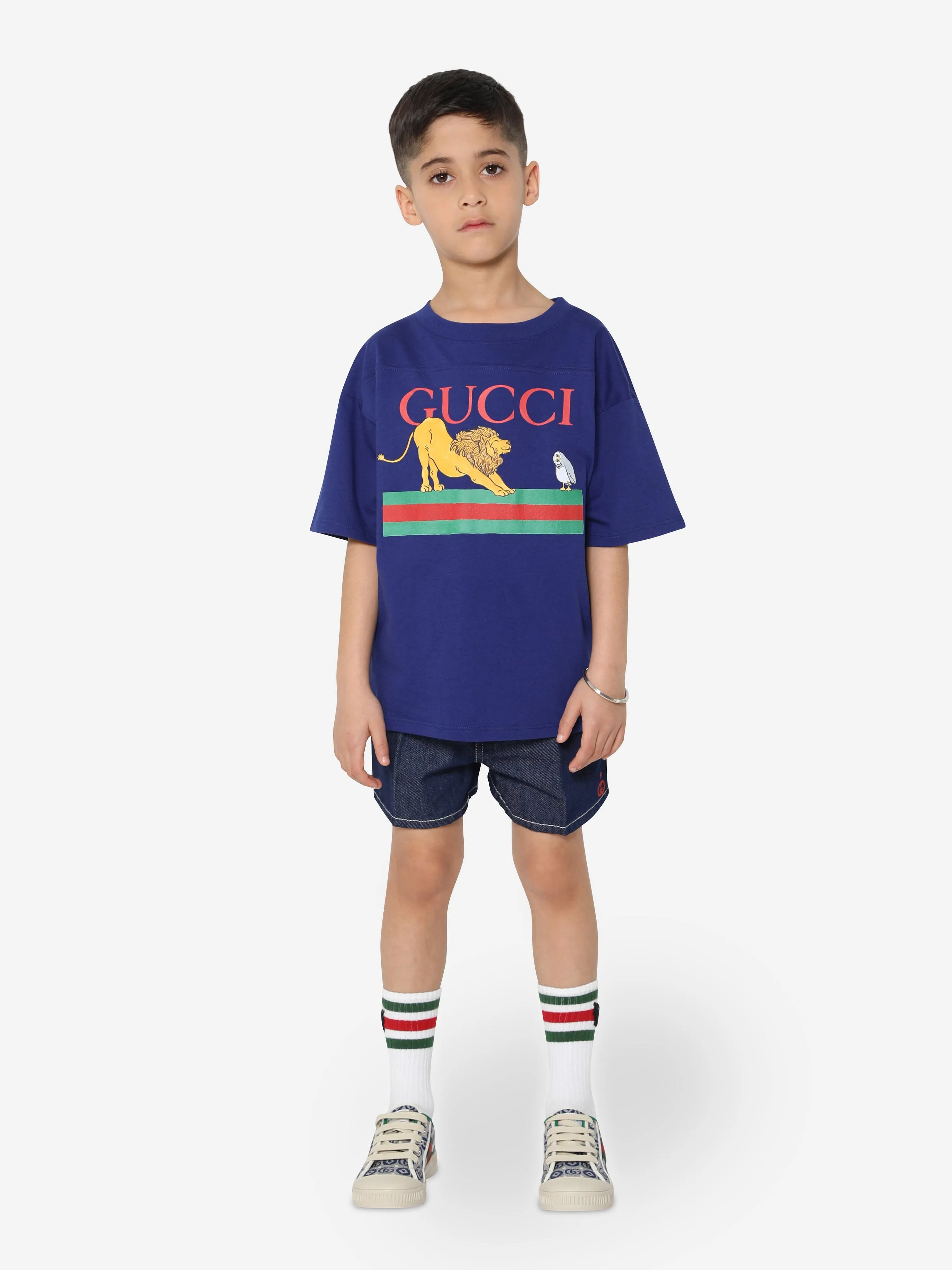 Gucci Boys Lion Logo T-Shirt in Navy