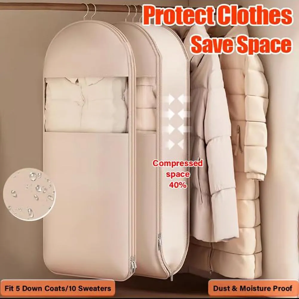 Hanging Garment Bag, 2025 Space Saving Hanging Garment Bag with Self Compression Zipper (Beige, L)