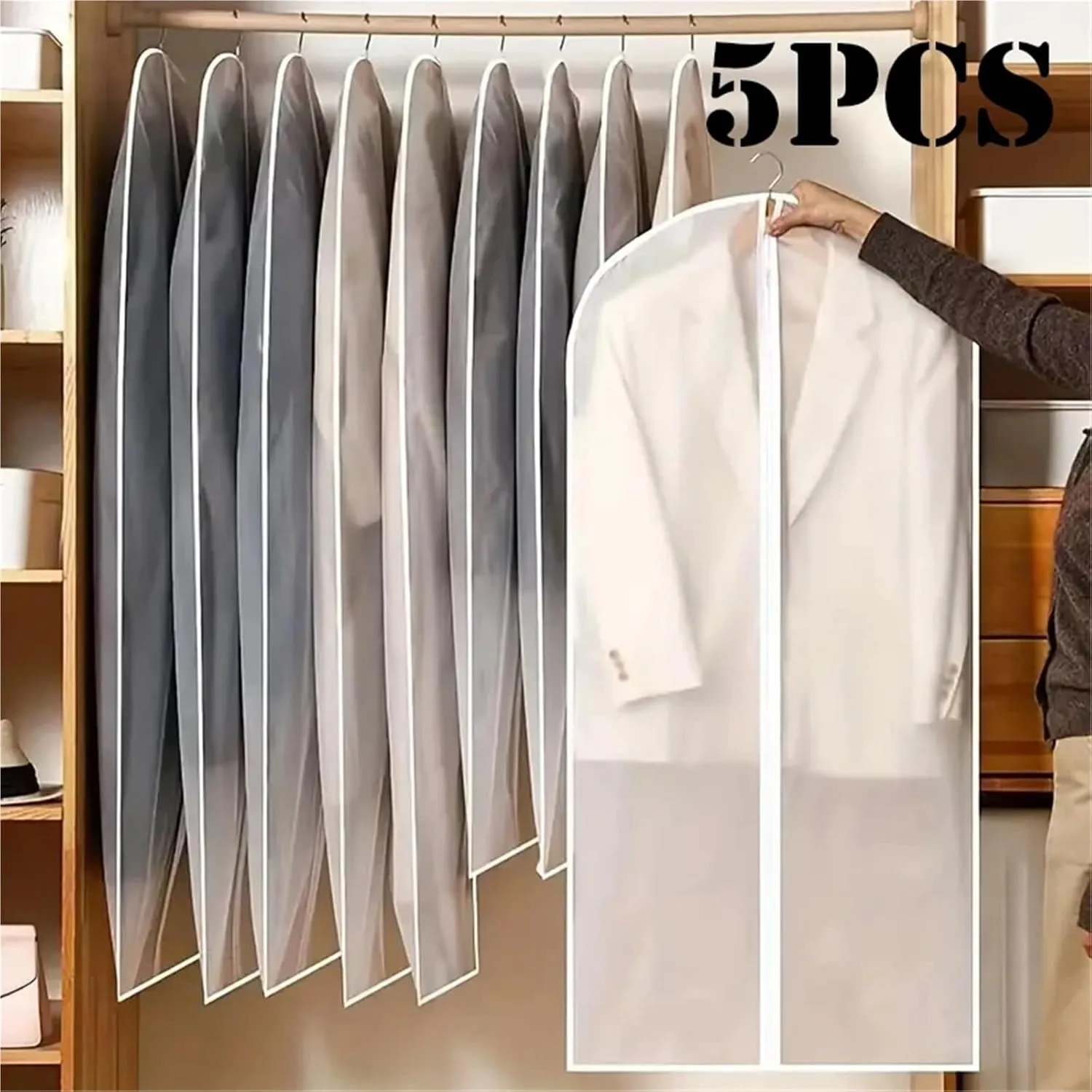 Hanging Garment Bag 5Pcs Polyester Garment Dust Cover with Zipper Closure Long Hanging Clothes Bag for Coats Jackets & Wardrobe Organization(5Pcs 60x80cm)