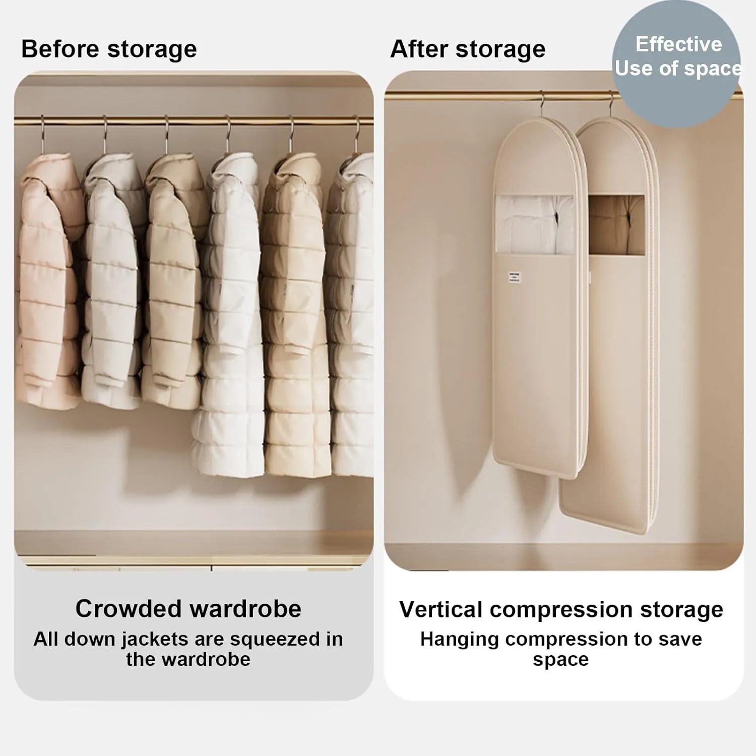 Hanging Garment Bag with Self Compression Zipper, Dress Storage Bags Hanging, Clothes Cover, for Coats, Jackets, Shirts(Beige,60x18x90cm)