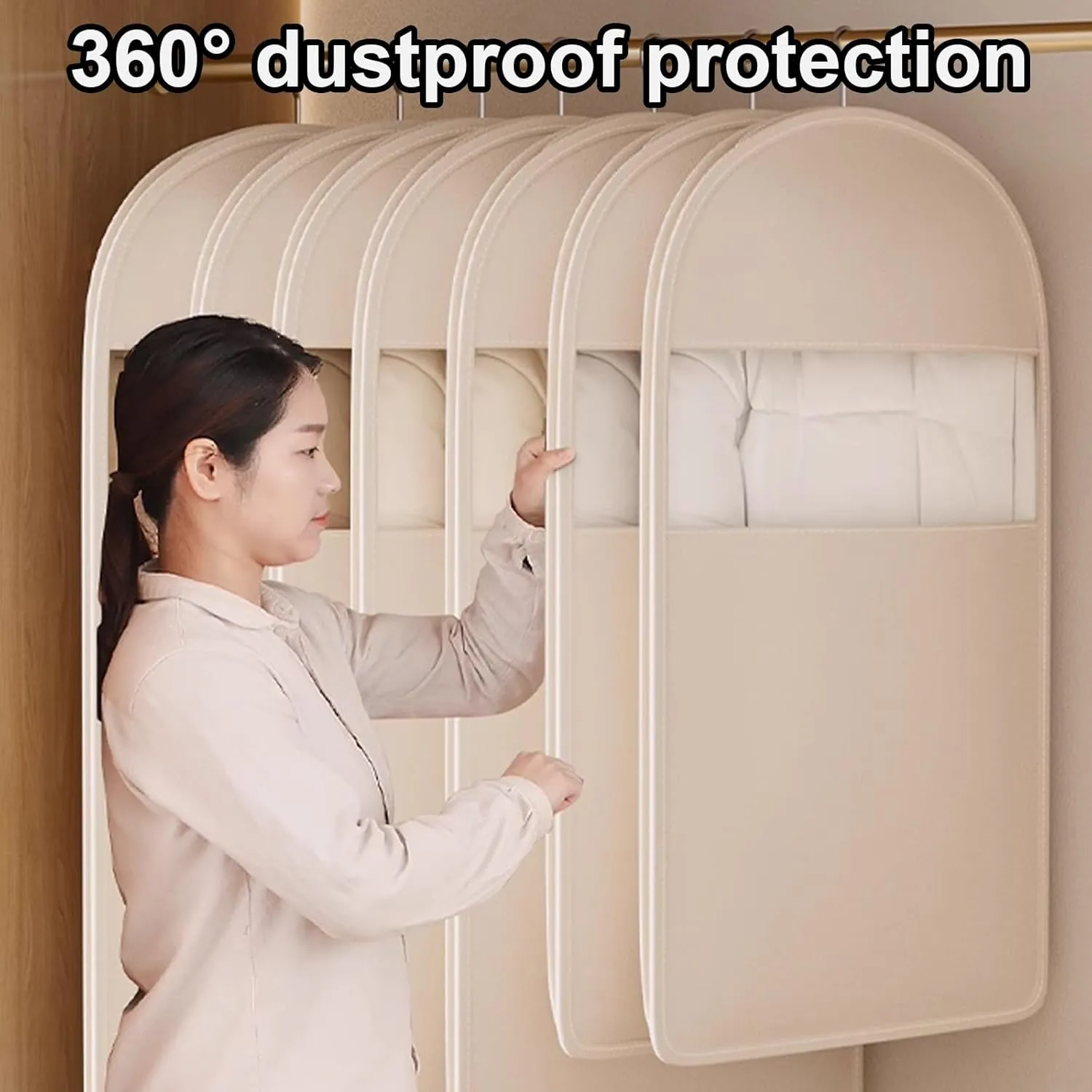 Hanging Garment Bag with Self Compression Zipper, Dress Storage Bags Hanging, Clothes Cover, for Coats, Jackets, Shirts(Beige,60x18x90cm)