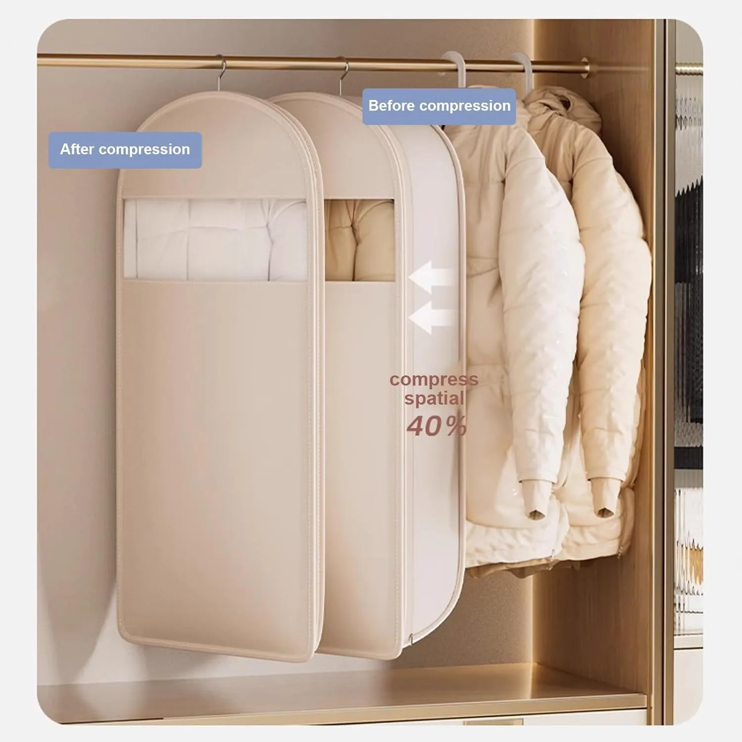 Hanging Garment Bag with Self Compression Zipper, Dress Storage Bags Hanging, Clothes Cover, for Coats, Jackets, Shirts(Beige,60x18x90cm)