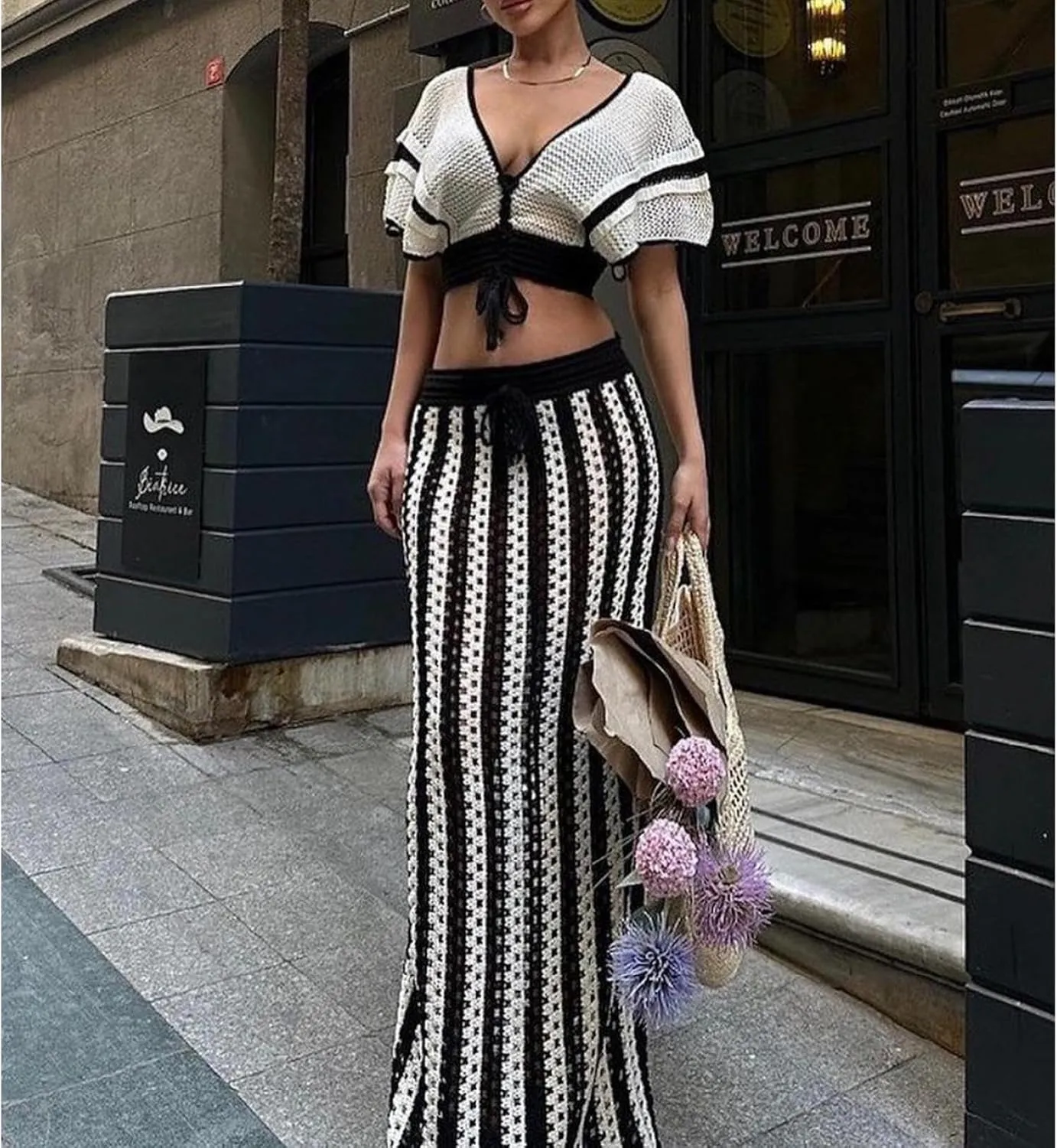 HANMAX 2 Piece Skirt Set for Women Summer Crochet Skirt Knit Ruffle Top Striped Long Skirt Beach Cover Up