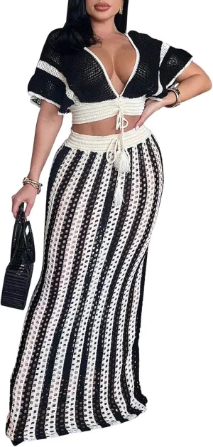 HANMAX 2 Piece Skirt Set for Women Summer Crochet Skirt Knit Ruffle Top Striped Long Skirt Beach Cover Up