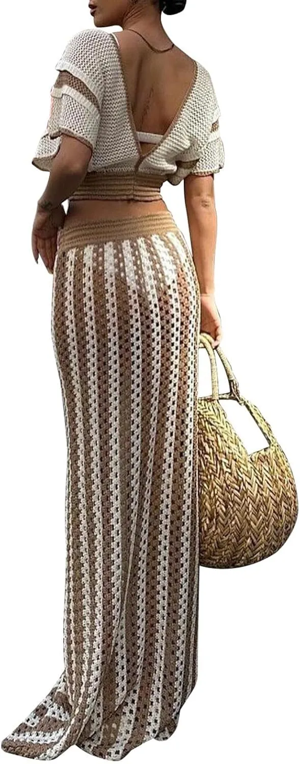 HANMAX 2 Piece Skirt Set for Women Summer Crochet Skirt Knit Ruffle Top Striped Long Skirt Beach Cover Up