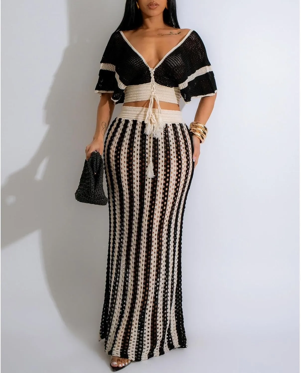 HANMAX 2 Piece Skirt Set for Women Summer Crochet Skirt Knit Ruffle Top Striped Long Skirt Beach Cover Up